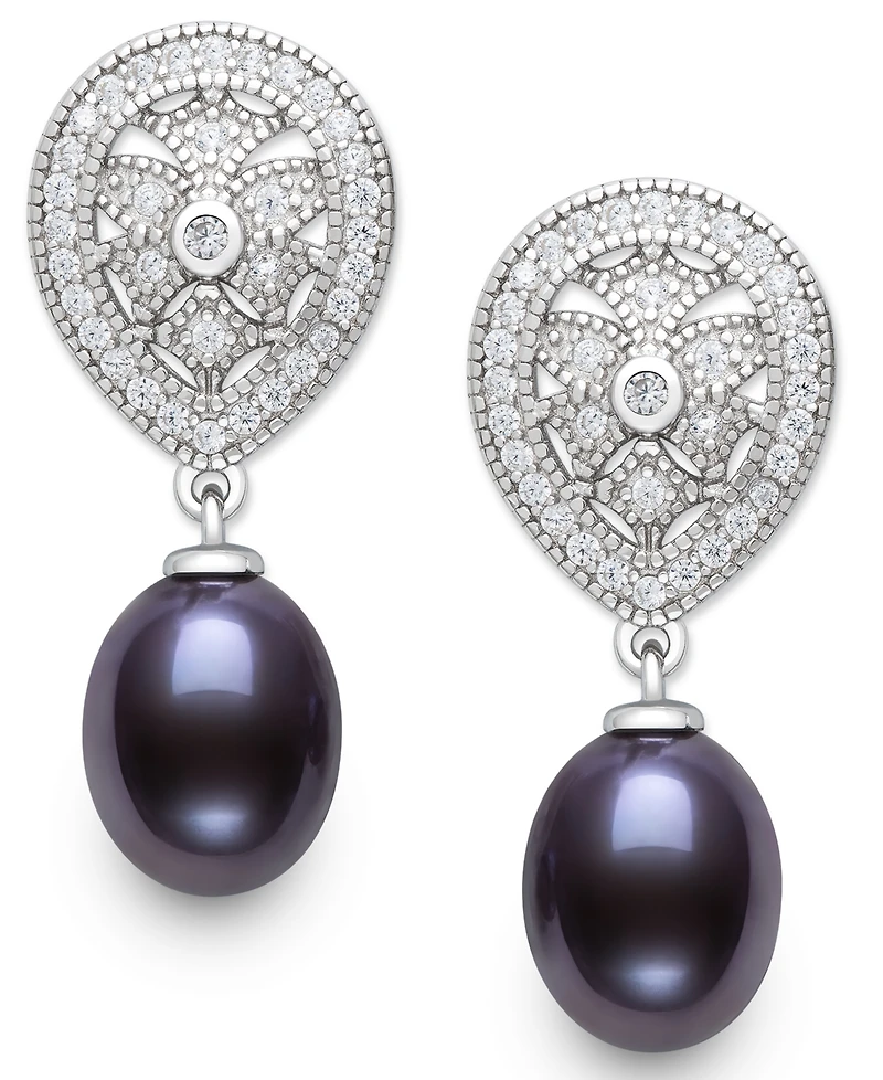 Belle de Mer Cultured Freshwater Peacock Black Pearl (8-9mm) and Lab Created Sapphire Drop Earrings in Sterling Silver