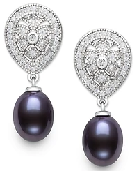 Belle de Mer Cultured Freshwater Peacock Black Pearl (8-9mm) and Lab Created Sapphire Drop Earrings in Sterling Silver