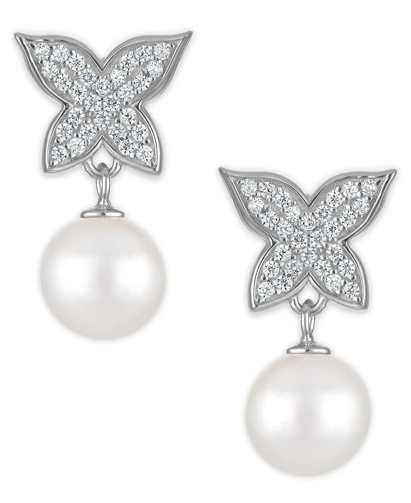 Macy's Cultured Freshwater Pearl (7.5-8mm) and Cubic Zirconia Butterfly Earrings in Sterling Silver