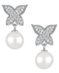 Macy's Cultured Freshwater Pearl (7.5-8mm) and Cubic Zirconia Butterfly Earrings in Sterling Silver