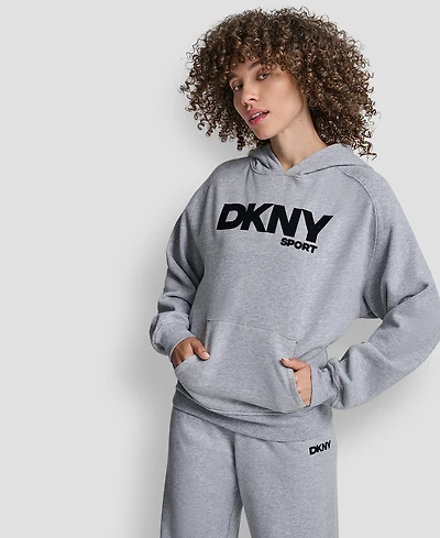 Dkny Women's Flock Logo Kanga Pocket Pull-On Hoodie