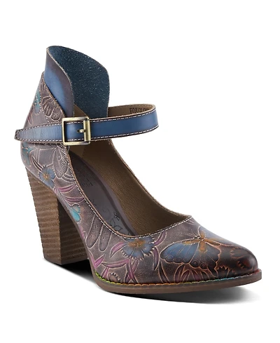 L Artiste Women s Foxglove Leather Pumps with Floral Butterfly Art, Ankle Strap, and Stacked Western Heel