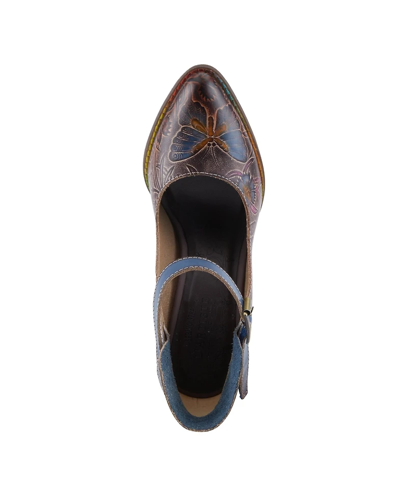 L Artiste Women s Foxglove Leather Pumps with Floral Butterfly Art, Ankle Strap, and Stacked Western Heel