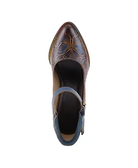 L Artiste Women s Foxglove Leather Pumps with Floral Butterfly Art, Ankle Strap, and Stacked Western Heel