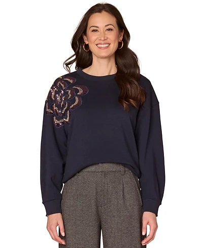Democracy Petite Embellished Floral Crewneck Sweatshirt