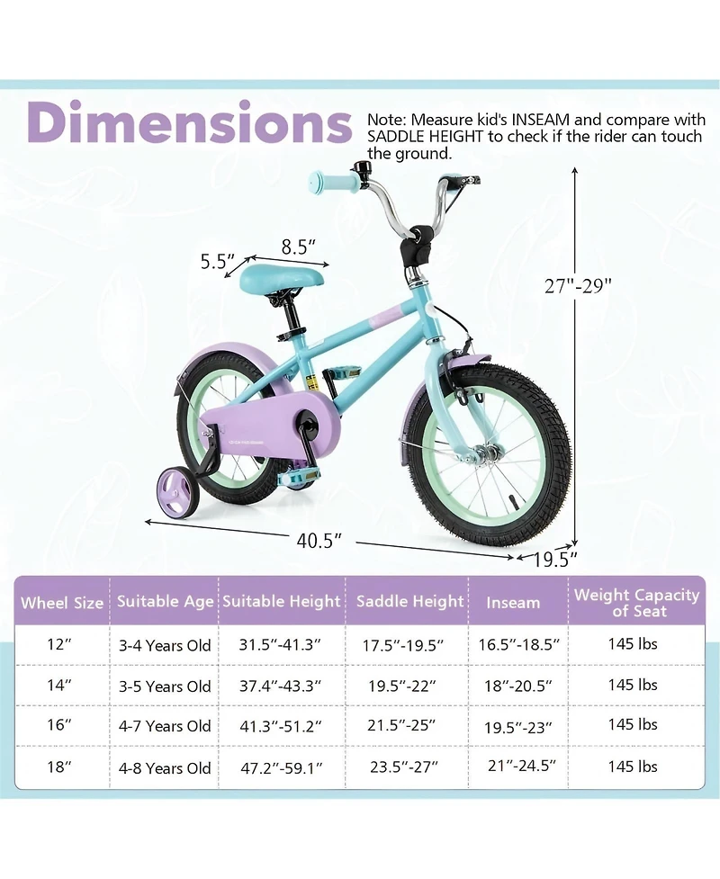 Hongge Kids Bike with Adjustable Handlebar and Saddle Purple-14 Inches