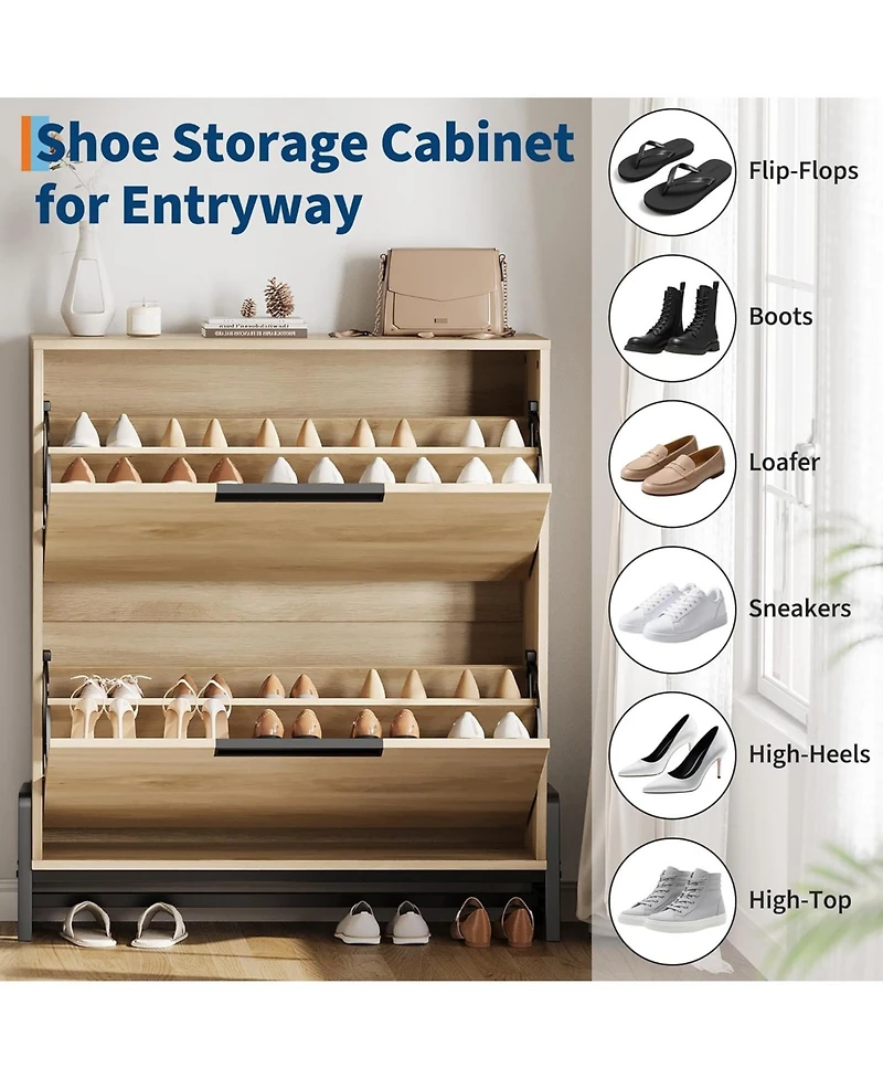 Shoe Storage Cabinet with 2 Flip Drawers, Freestanding Shoe Organizer with Metal Legs, Adjustable Shelf Narrow Shoe Rack Cabinet for Entryway, Foyer,
