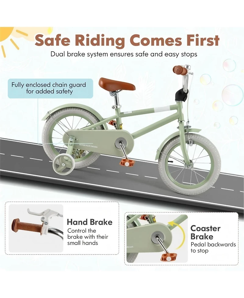 Kids Bike with Adjustable Handlebar and Saddle Green-14 Inches