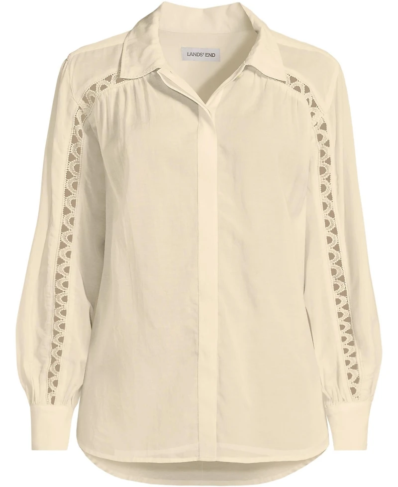 Lands' End Women's Voile Shirred Trim Insert Shirt