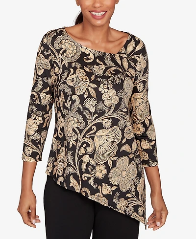 Ruby Rd. Petite Gold Foil Floral Printed Knit Top