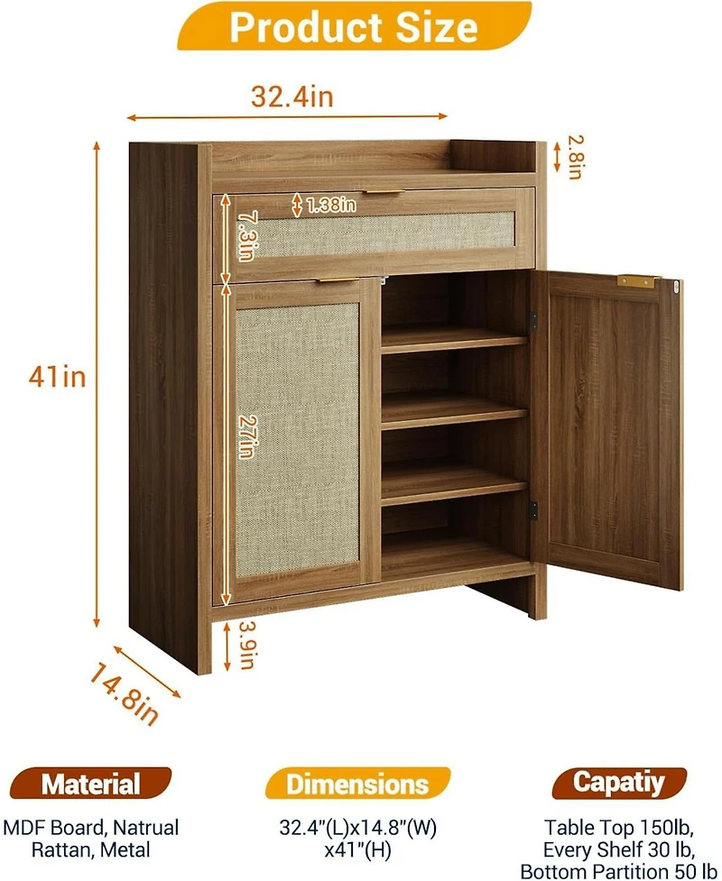 Boho Shoe Cabinet, 32 Inch Rattan Shoe Organizer with Doors and Drawer, Coffee Bar Cabinet with Adjustable Shelf, Wooden Accent Console Table,Brown