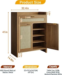 Boho Shoe Cabinet, 32 Inch Rattan Shoe Organizer with Doors and Drawer, Coffee Bar Cabinet with Adjustable Shelf, Wooden Accent Console Table,Brown
