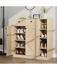 42" Tall Modern Shoe Storage Cabinet with Doors and Drawers, 3 Adjustable Shelves, 4-Tier Shoes Rack Organizer Cabinet for Entryway, Natural