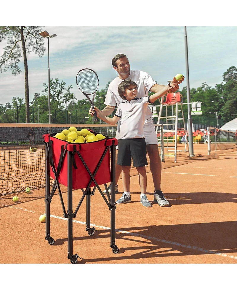 Lightweight Foldable Tennis Ball Teaching Cart with Wheels and Removable Bag-Red
