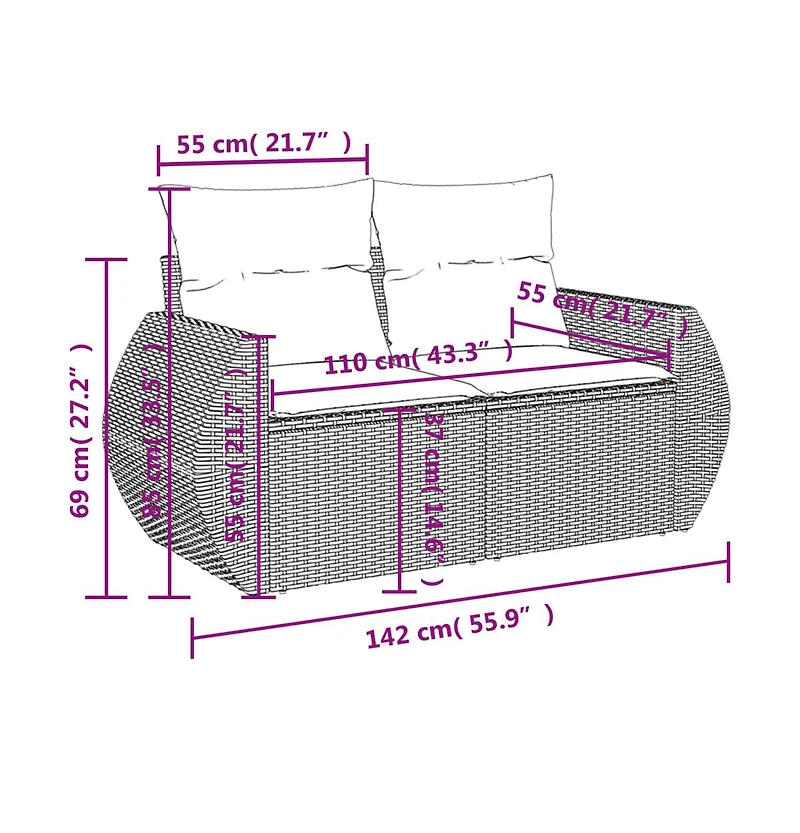 Garden Sofa Grey Pe Rattan, Powder-coated Steel Medium Modular