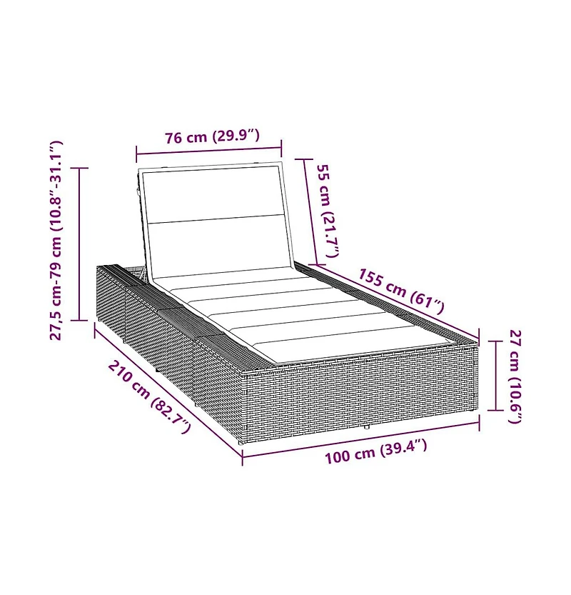 Sunbed Grey Pe Rattan Single Cushioned Sun Lounger Rectangular