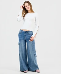 Madden Girl Juniors' High-Rise Embellished Cargo Jeans