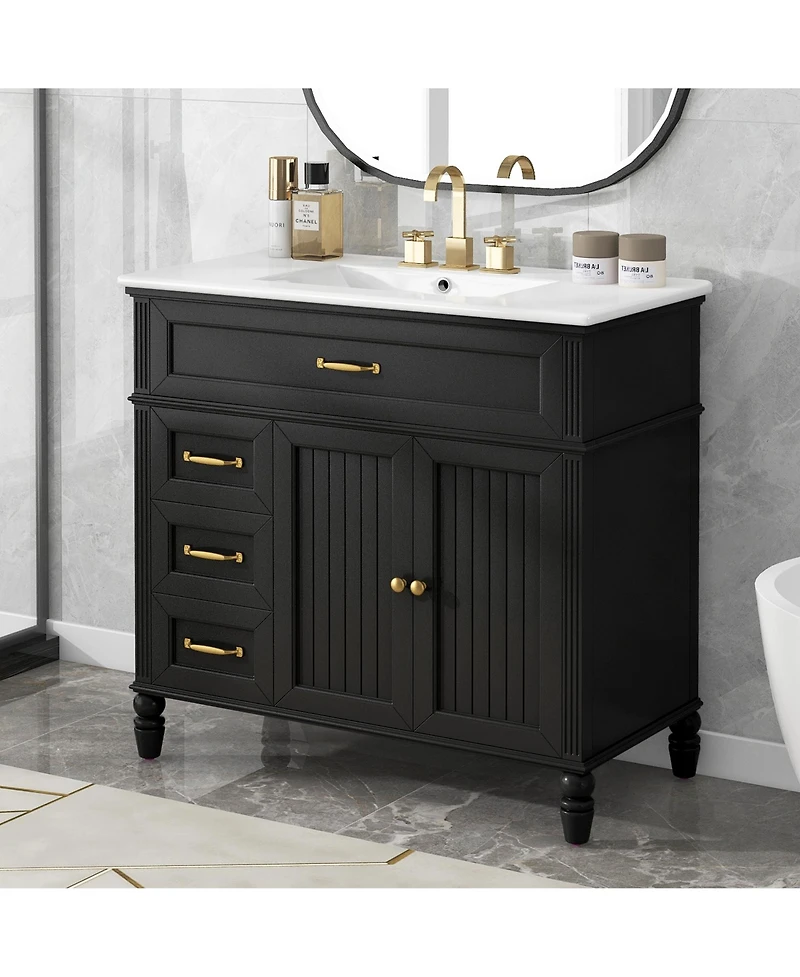 Bathroom Vanity with Sink Black Bathroom Cabinet with Drawers Solid Frame and Mdf Board One Package