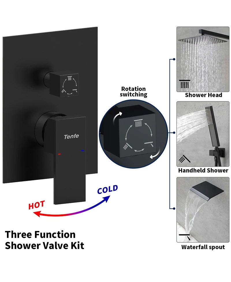 Rainsken Male Npt Black Shower System, 12 Inch Shower Fixtures Rain Shower Head with Handheld Shower Spray, Wall Mount Shower Faucet Set for Bathroom