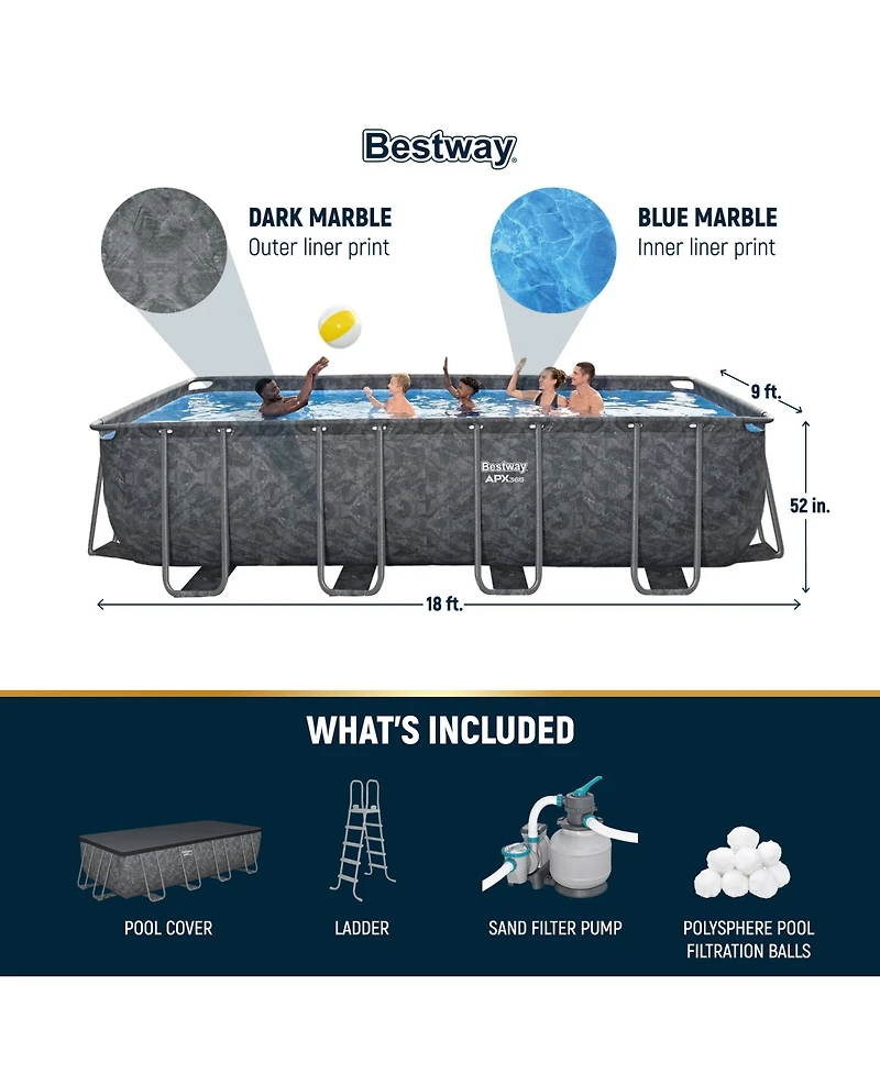Bestway Apx 365 18' x 9' x 52" Rectangular Above Ground Swimming Pool Set, Gray