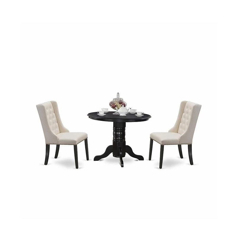 East West Furniture SHFO3-blk-01 3-Pc Dinette Room Set Includes 1 Pedestal Dining Table and 2 Cream Linen Fabric Dining Padded Chairs with Button Tuft