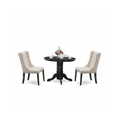 East West Furniture SHFO3-blk-01 3-Pc Dinette Room Set Includes 1 Pedestal Dining Table and 2 Cream Linen Fabric Dining Padded Chairs with Button Tuft
