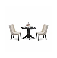 East West Furniture SHFO3-blk-01 3-Pc Dinette Room Set Includes 1 Pedestal Dining Table and 2 Cream Linen Fabric Dining Padded Chairs with Button Tuft
