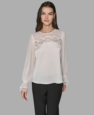 Karl Lagerfeld Paris Women's Long Sleeve Lace Top