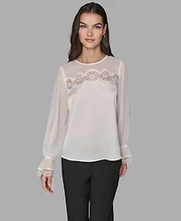 Karl Lagerfeld Paris Women's Long Sleeve Lace Top