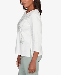 Alfred Dunner Petite Stockbridge Snowflake Cultivated Pearl Studded Shimmer Top
