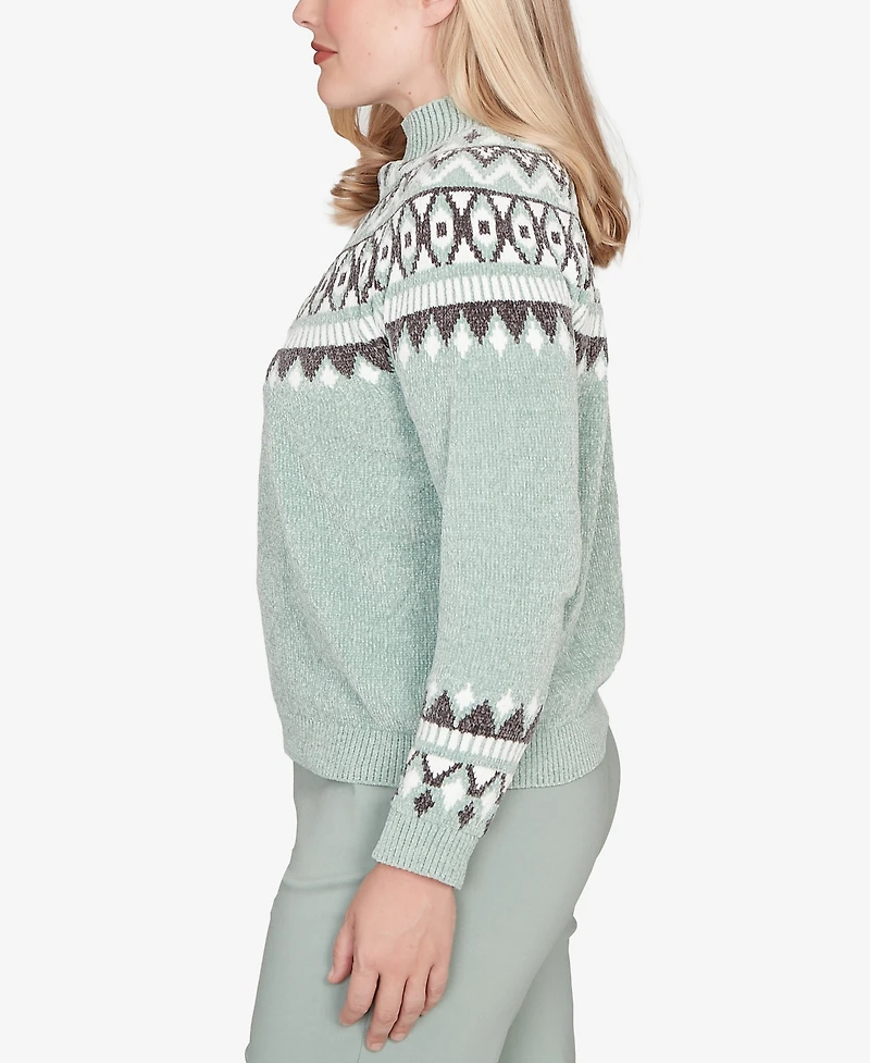 Alfred Dunner Petite Stockbridge Fair Isle Pattern Chenille Sweater