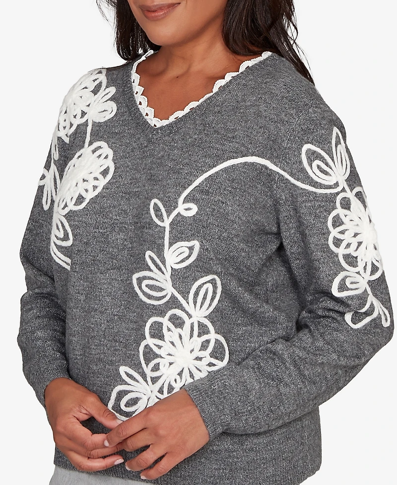 Alfred Dunner Petite Stockbridge Ruffle V-Neck Floral Soutache Sweater