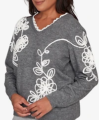 Alfred Dunner Petite Stockbridge Ruffle V-Neck Floral Soutache Sweater