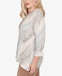 Alfred Dunner Petite Vienna Diagonal Animal Print Top with Necklace