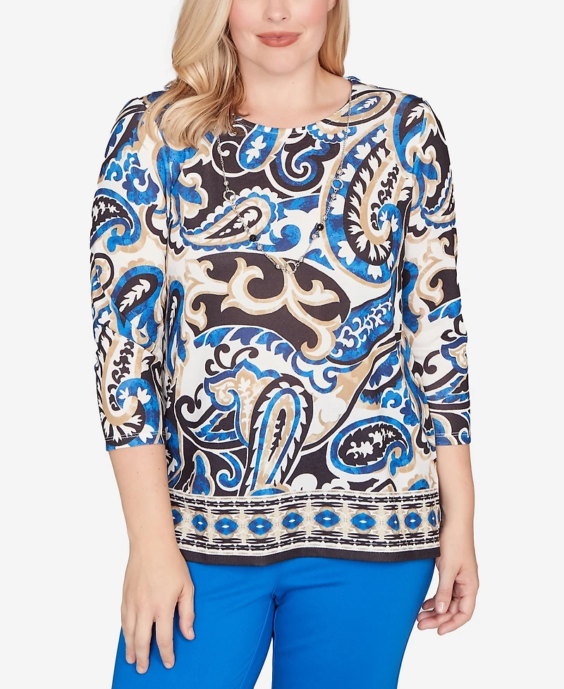 Alfred Dunner Petite Barcelona Paisley Knit Top With Necklace