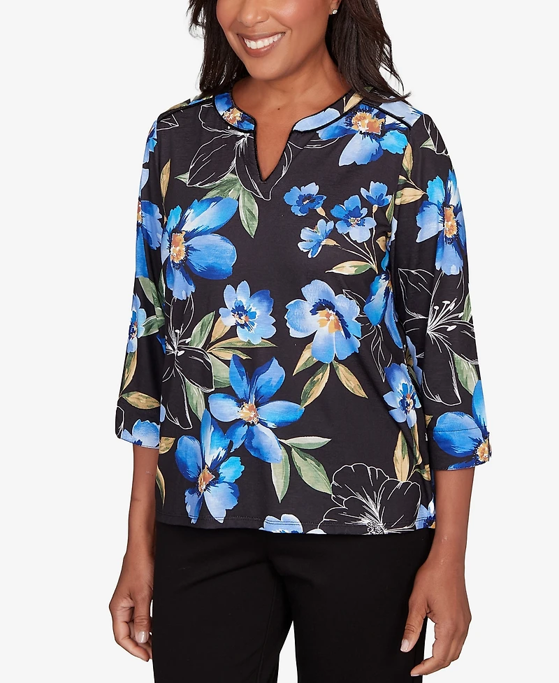 Alfred Dunner Petite Barcelona Watercolor Floral Velvet Trim Top
