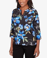 Alfred Dunner Petite Barcelona Watercolor Floral Velvet Trim Top