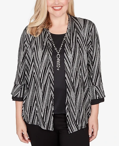 Alfred Dunner Petite Barcelona Metallic Chevron Two One Top with Necklace