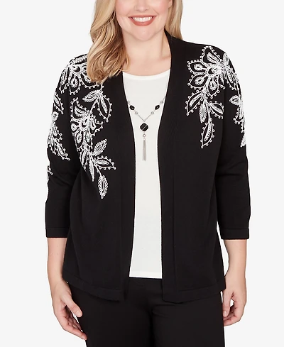 Alfred Dunner Petite Barcelona Floral Soutache Two One Sweater with Necklace