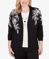 Alfred Dunner Petite Barcelona Floral Soutache Two One Sweater with Necklace