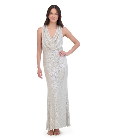 Eliza J Petite Sleeveless Cowl Neck Sequin Long Gown