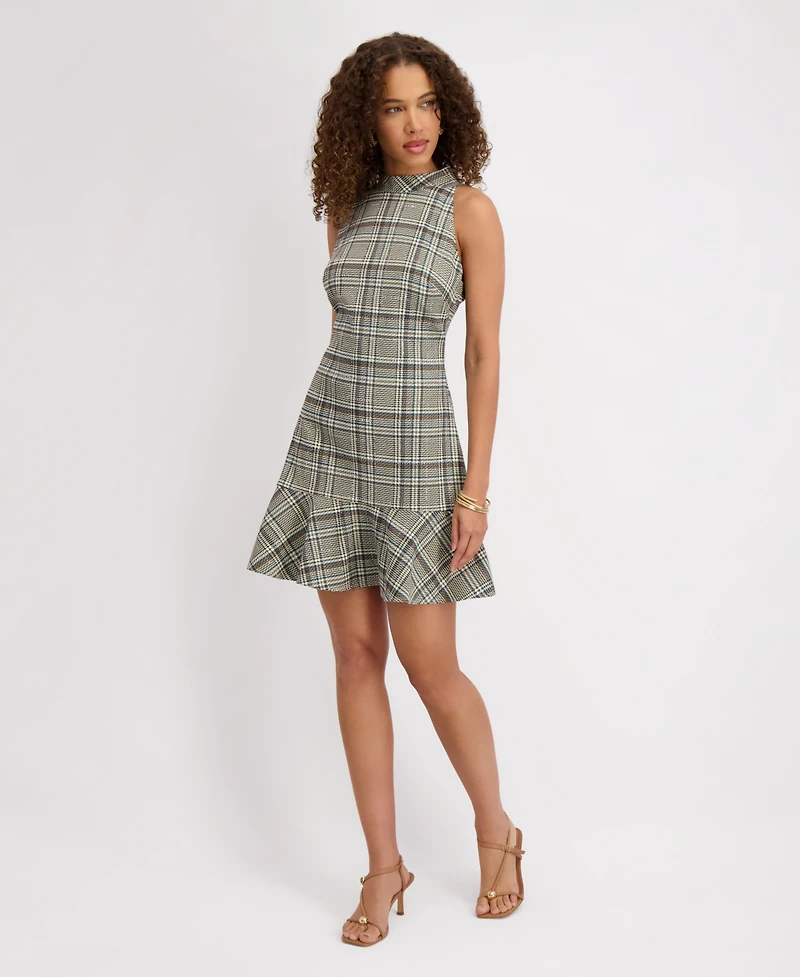 kensie Women's Mock Neck Sleeveless Plaid Woven Dress