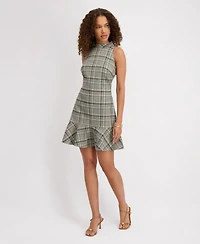 kensie Women's Mock Neck Sleeveless Plaid Woven Dress
