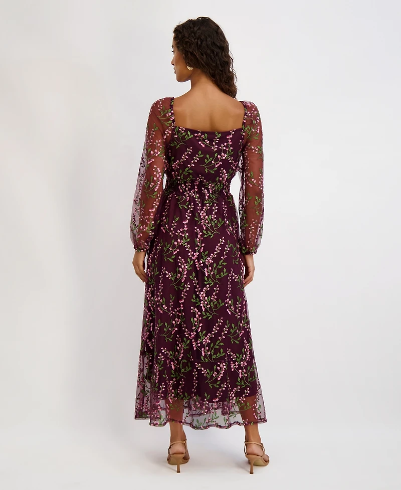 kensie Women's Sweetheart Neck Long Sleeve Embroidered Dress