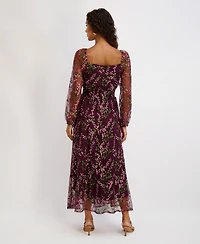 kensie Women's Sweetheart Neck Long Sleeve Embroidered Dress