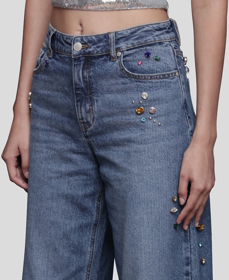 Avec Les Filles Women's Bejeweled Wide Leg Jeans