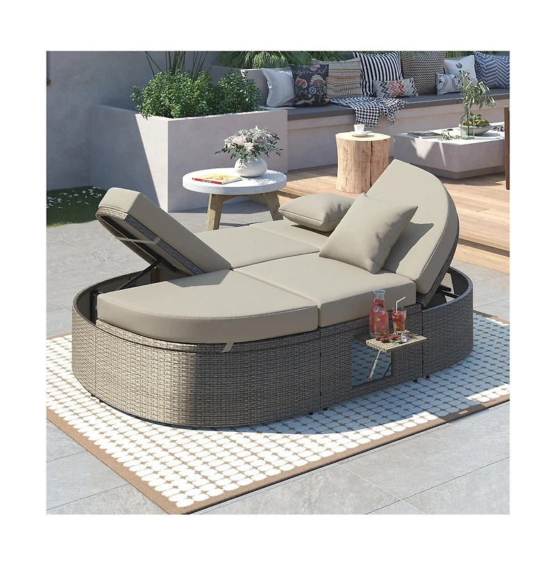 Chic Crate - Beige 2 1 Padded Chaise Lounges for Deck Balcony Modern Outdoor Daybed with Wood Topped Side Spaces