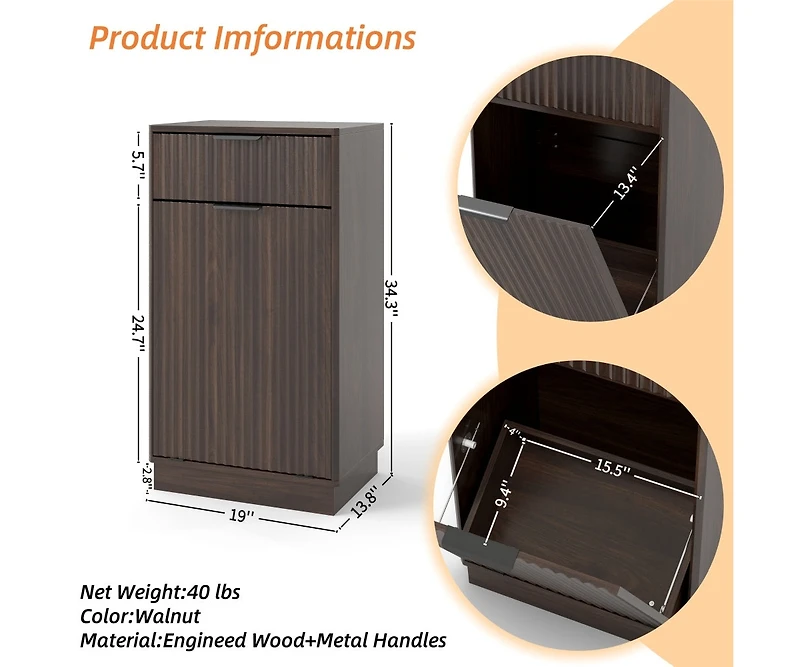 Chic Crate 10 Gal Tilt Out Trash Can Cabinet Woodgrain Wave Textured Pull Out Bin, Walnut Finish Kitchen Organizer