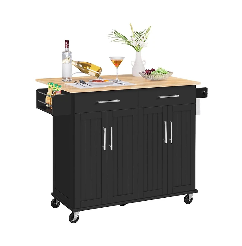 36” H Kitchen Island on Wheels with Solid Wood Tabletop White