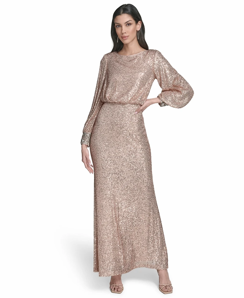 Eliza J Women's Embroidered Cuff Boat Neck Long Gown